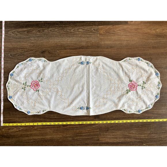 Antique Rainbow Floral Embroidery Table Runner 16" x 39" White Cotton AS IS - Picture 1 of 14